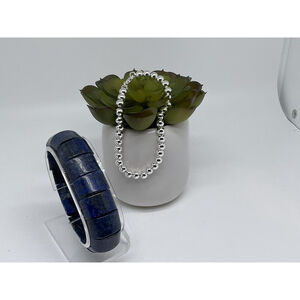 Blue Lapis Stretchy Bangle Bracelet w/ NEW 925 SS 6mm Ball Bead Bracelet